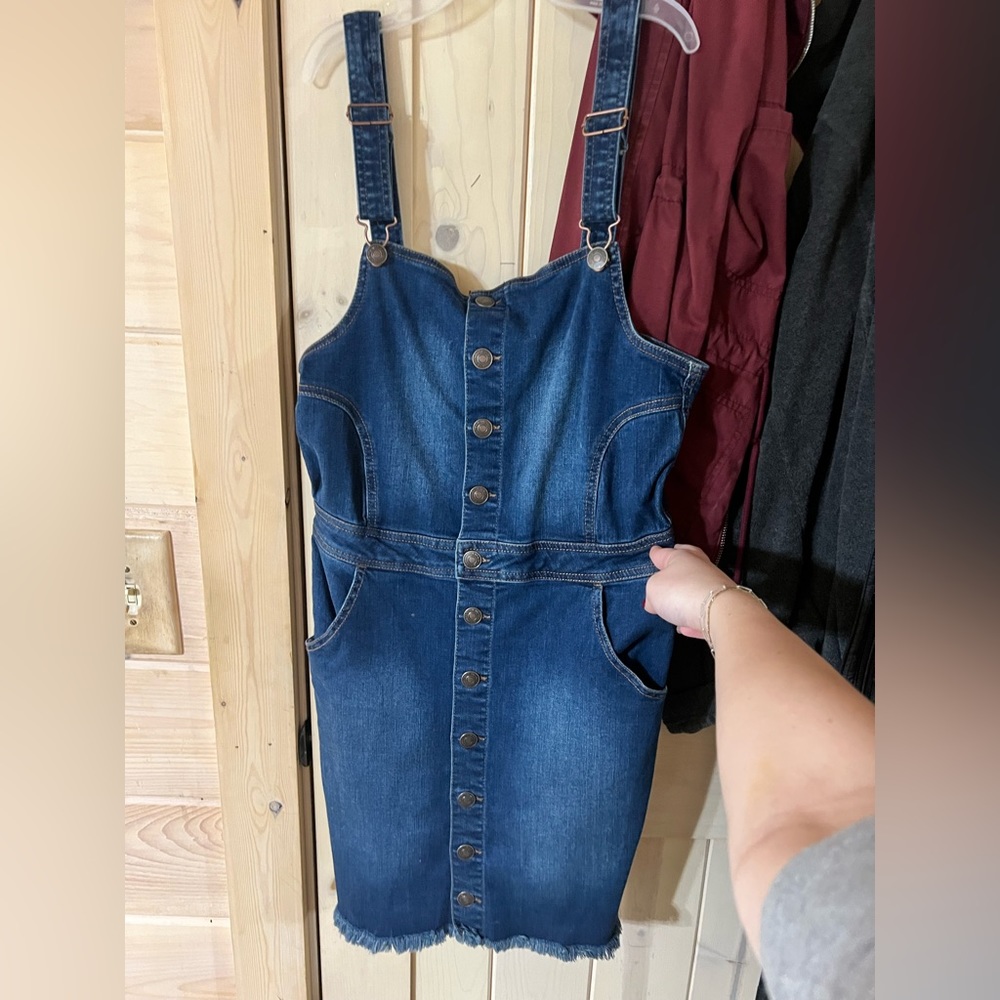 Medium sized button down jean overall dress with pockets!